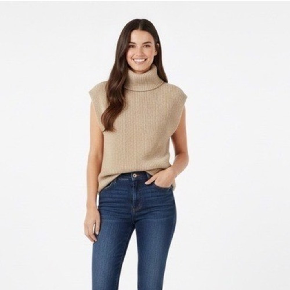Zara Sleeveless‎ Turtleneck Sweater Vest Ribbed Knit Tan Small